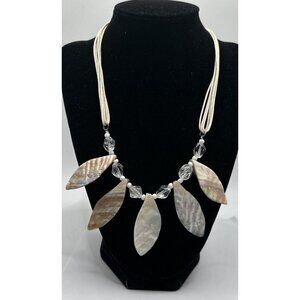 Mother of Pearl Necklace Iridescent Leaf Acrylic Bead Cotten Cord  Vintage 18”2”